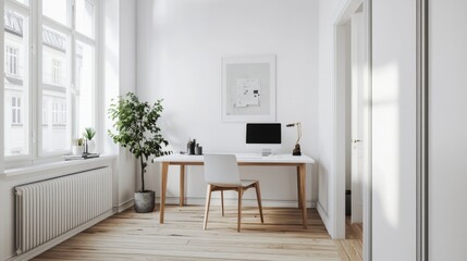 Poster - A modern Nordic home office with a minimalist desk, white walls, and wooden flooring, featuring natural light and simple, functional decor.