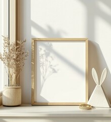 Wall Mural - Wooden Frame with Dried Flowers and a White Bunny on a Shelf