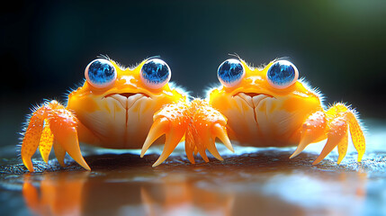 Adorable Orange Crabs with Big Blue Eyes Looking at the Camera with a Smile