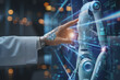 © PHAISITSAWAN - Human hand touches the finger of the AI robot on the screen. Artificial intelligence technology.