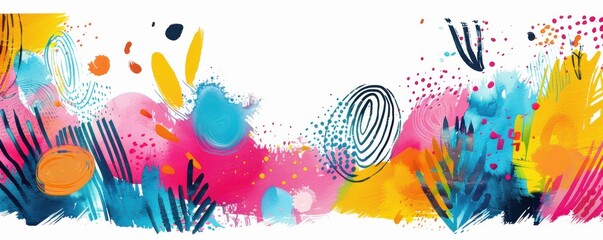 Wall Mural - Vibrant abstract doodle with colorful shapes and splashes, perfect for modern and creative backgrounds. Free copy space for text.