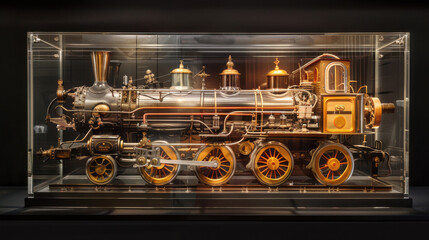 Antique Steam Locomotive Model in Glass Case