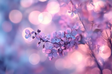 Wall Mural - Delicate spring blossoms with a dreamy pastel background in soft purple and pink hues during the golden hour