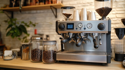 Wall Mural - A baristas workbench with coffee beans, a spice jar, and an espresso machine in the background.