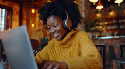 Young person working on laptop on a video call. Black woman remote working in a cafe. Millenial freelancer wearing yellow working from home smiling and laughing with colleagues. Tech IT professional.	