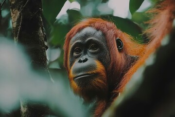 Close-up Portrait of an Orangutan in a Lush Forest