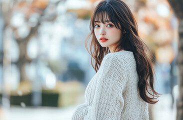 Poster - a beautiful Japanese woman with long hair and a slim figure, wearing a white knit sweater on top of grey high-waisted pants, standing in the street