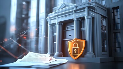 Web banner with bank building and shield indicating security and encryption, padlock and finance document, 3d composition