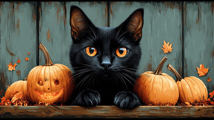 Wall Mural - halloween cat with pumpkin