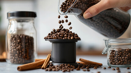 Wall Mural - A hand pouring coffee beans into a grinder, with cinnamon sticks and a spice jar in the foreground.