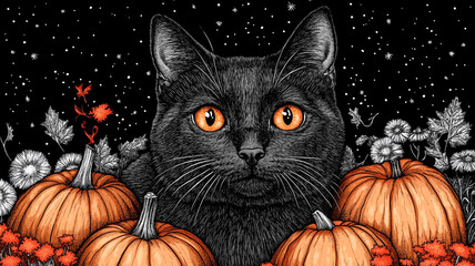 Wall Mural - Black cat and pumpkins. Coloring book.