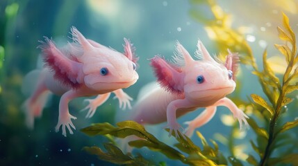 Two Adorable Axolotls in Aquatic Habitat