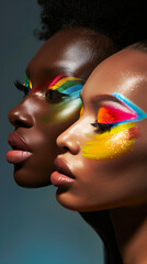 two black women with painted faces in celebration of pride month LGBTQIA+. Happy colorful rainbow eye makeup fashion editorial strong women bold eye-catching dynamic creative strength beauty style. AI