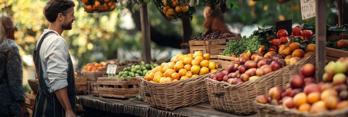 Wall Mural - The stall showcases an array of organic fruits arranged in wooden crates, while a customer examines the fresh produce under warm sunlight at a lively market