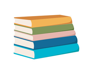 Flat vector illustration of a stack of colorful books with a white background and multiple colors in the stack