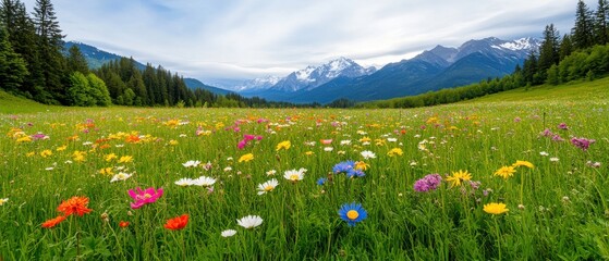 Wall Mural - Wildflower Meadow with Mountain View