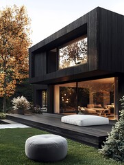 Modern Black Wooden House with Large Windows and Patio Furniture