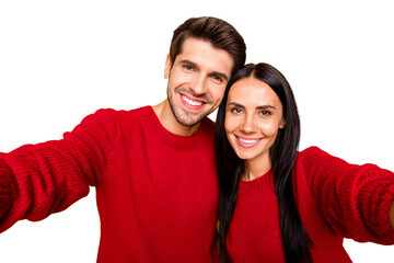 Poster - Close up photo of cheeerful spouses make self-portrait wear red sweater isolated over yellow background
