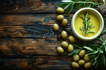 Wall Mural - Fresh Mediterranean Olive Oil with Rosemary and Olives on Rustic Wooden Table for Culinary Design