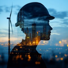 Silhouette of a engineer with a building skyline and wind turbine, representing innovation and industry in renewable energy.