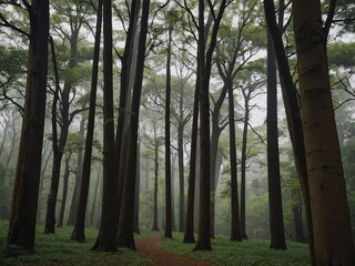 Sticker - Park filled with tall, ancient trees, their leaves rustling in the wind.