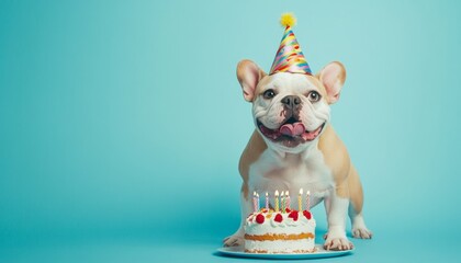 Cute Bulldog with party hat and delicious birthday cake on light blue background, cute funny dog celebrating his birthday. Happy Birthday pet concept