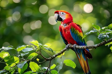 Wall Mural - Scarlet Macaw Perched on a Branch in a Green Forest