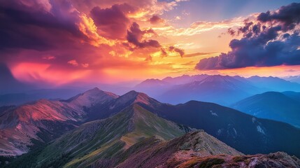 Canvas Print - A beautiful summer sunset over a mountain range, with the sky painted in shades of orange, pink, and purple, creating a stunning view.