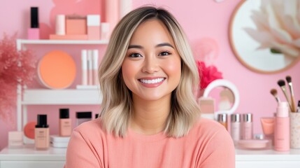 A cheerful girl poses at a vibrant vanity table adorned with various cosmetics, showcasing her love for makeup and beauty