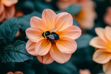 Sticker - A Bumblebee Gathering Pollen on a Peach-Colored Flower