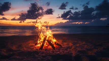 Poster - A fun summer beach bonfire with friends gathered around, enjoying the warmth, roasting marshmallows, and sharing stories under the stars.