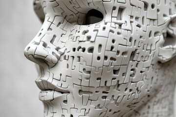 Poster - Brainstem Imagination Abstract sculpture of a face covered in puzzle pieces symbolizing the complexity of identity and the challenge of self discovery