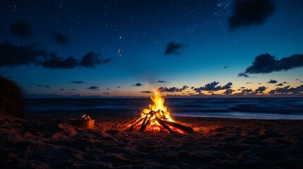 Poster - A lively beach bonfire with friends roasting marshmallows, telling stories, and enjoying the warmth of the fire under a starry sky.