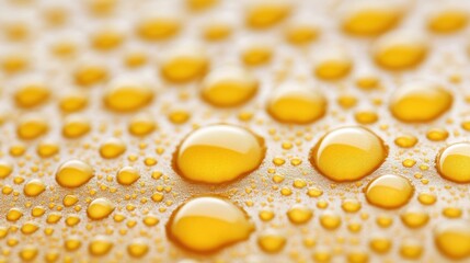 Poster - Bright yellow oil droplets collect on a slick surface, reflecting light and creating a visually appealing texture and pattern