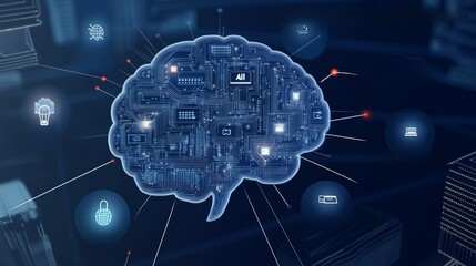 Poster - A digital representation of a brain with circuits and icons illustrating technology, innovation, and artificial intelligence in a tech environment