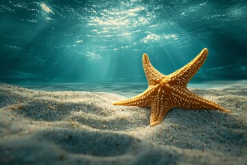 Sticker - Starfish on Sandy Seabed with Sunbeams Underwater