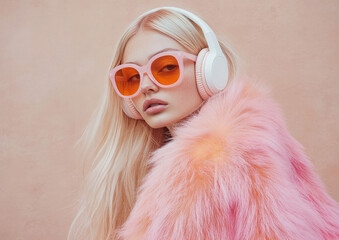 Poster - Portrait of a fashionable young woman wearing a peach fur coat and headphones, with sunglasses, listening to music, isolated on a beige background.