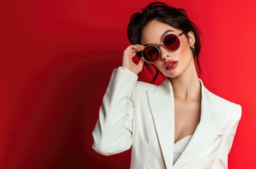 Poster - an elegant woman in a white suit and sunglasses, posing against a red background. She is holding her glasses up to the camera lens, looking over her shoulder at the viewer with confidence and attitude