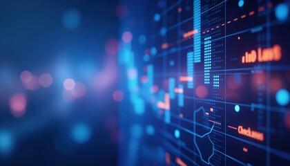 Poster - Futuristic Digital Financial Grid: Abstract image with a digital grid of financial data points in blue and pink, symbolizing modern finance and technology.