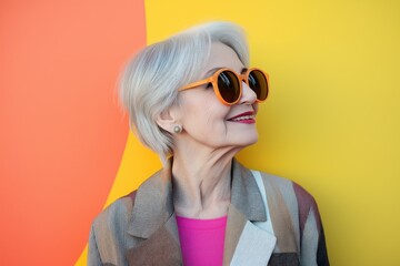 Wall Mural - A woman in a pink shirt and sunglasses is smiling. She is wearing a striped jacket and a pair of sunglasses