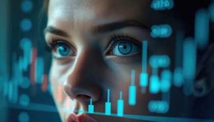 Poster - Close-Up of Businesswoman’s Face with Financial Data Overlay: A close-up of a businesswoman’s face with financial data overlay, representing strategic insights and planning.