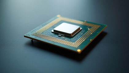 Poster - Processor on Blue Circuit Board: A processor on a blue circuit board surrounded by other electronic components, representing modern computing and AI technology.