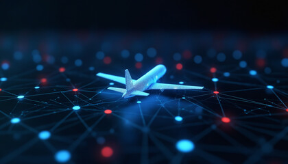 Poster - airplane icon with network integration: an airplane icon connected within a digital network, symboli