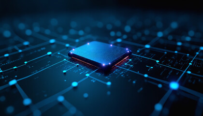 Poster - microchip icon with network integration: a microchip icon embedded in a digital network, symbolizing