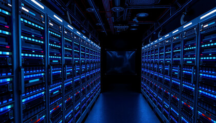 Poster - The image shows a long corridor in a data center with blue lights, rows of servers, and a dark background, creating a mysterious and futuristic big data and AI hardware environment.