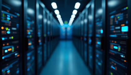 Poster - Server room with rows of servers illuminated by blue and green lights. The background is blurred, creating a tunnel-like effect in the futuristic data center.