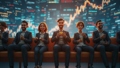 Poster - Business team celebrating a successful analysis of stock market trends, highlighting the rewards of collaborative effort.
