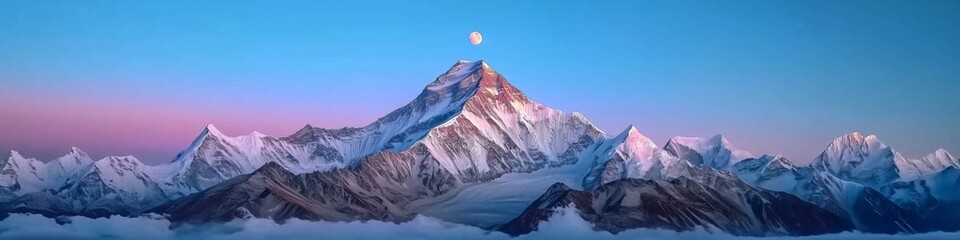 serene mount everest snowy peak with moon rising above early morning light scene