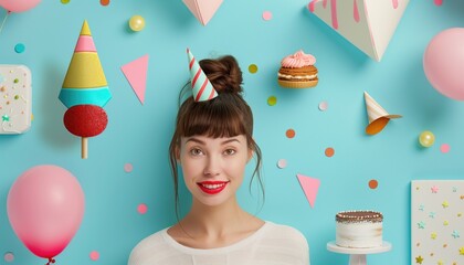 Joyful young woman at colorful birthday party with decorations and treats.