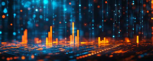 Poster - Digital Stock Market Graph with Vibrant Orange and Blue Lights, computer digital screen background